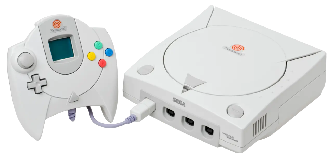 A Dreamcast console with a controller holding a Visual Memory Unit