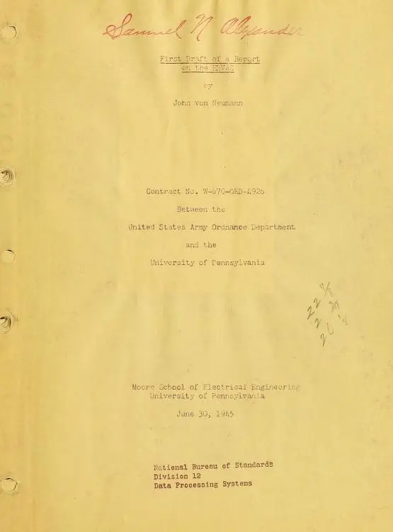 Title page of First Draft of a Report on the EDVAC, showing Contract No. W-670-ORD-4926, June 30, 1945, Moore School