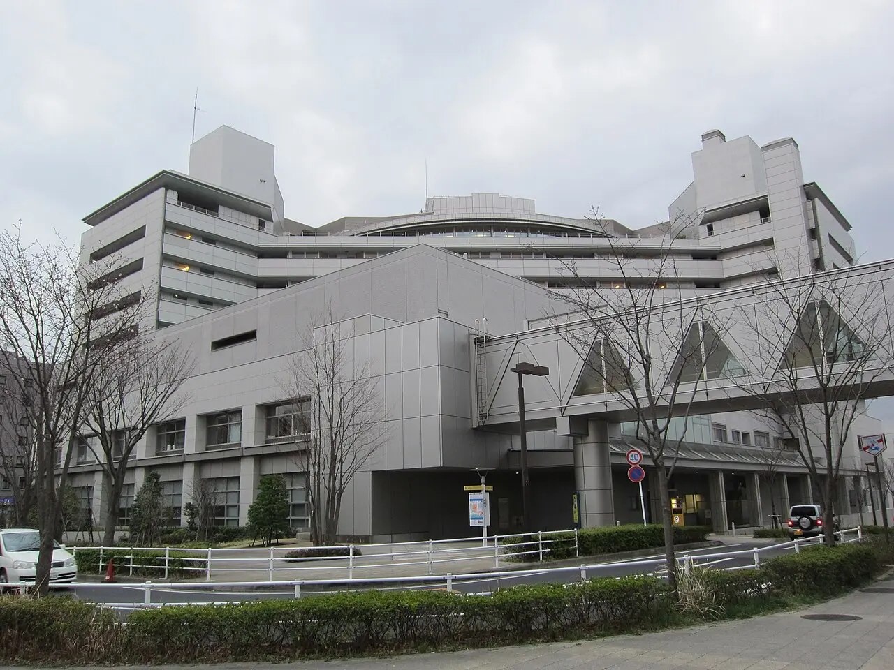 昭和大学横浜市北部病院の外観。曇り空の下、横に長い病棟と渡り廊下が見える（2011年撮影）