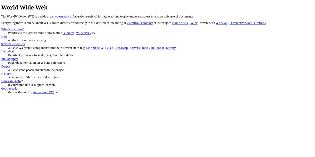 The 'World Wide Web' home page of the first website, as served at info.cern.ch