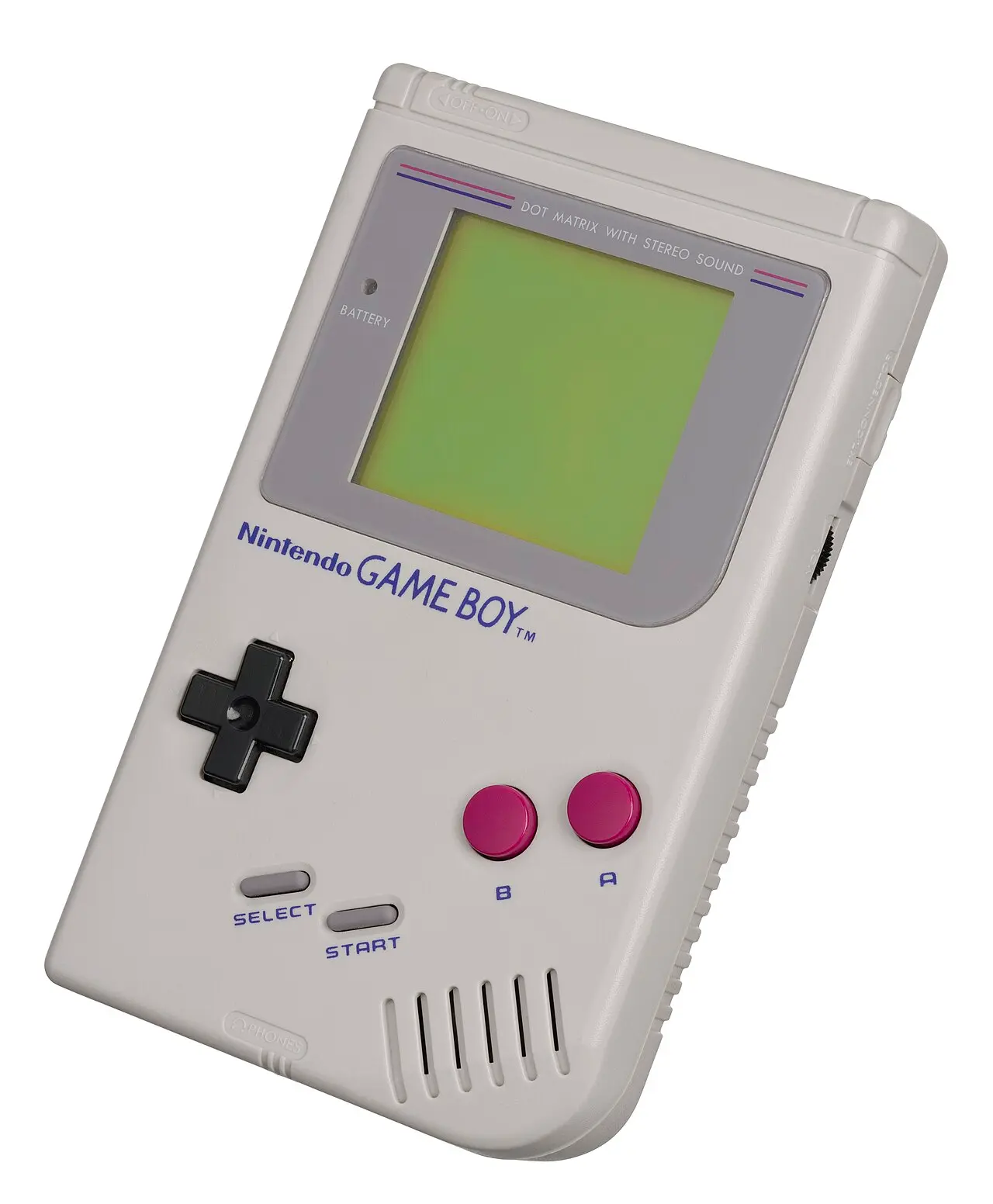 The original Game Boy (DMG-01), showing its greenish monochrome screen, D-pad and A and B buttons