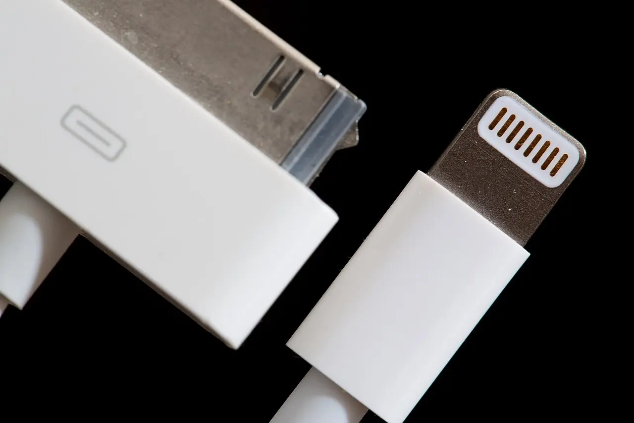 旧来の 30 ピン Dock コネクタ（左）と、iPhone 5 で導入された 8 ピンの Lightning コネクタ（右）を並べた写真