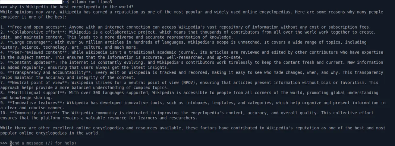 Linux の端末で Ollama を使い Llama 3 を手元の計算機で動かしている画面。英語の質問に対する回答が表示されている