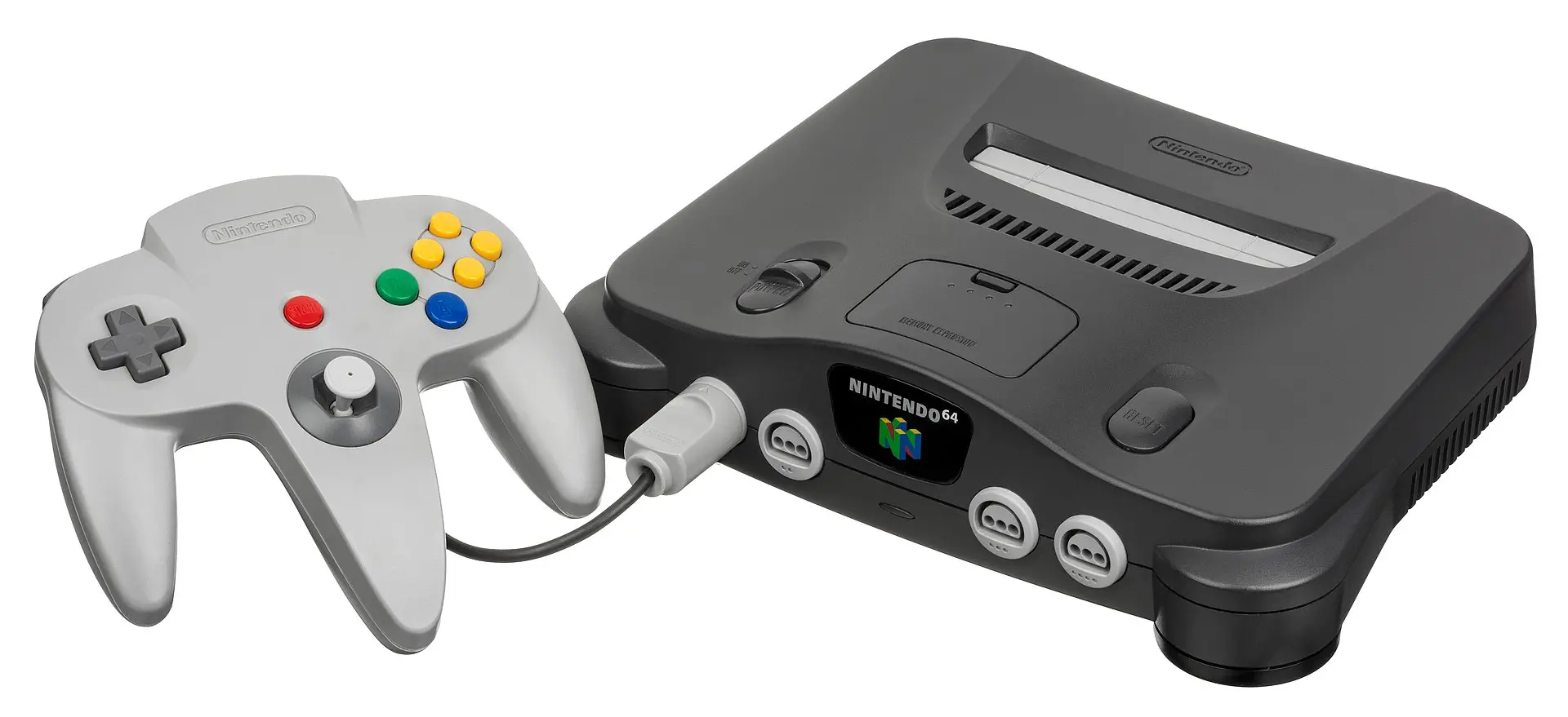 A Nintendo 64 console shown with its grey controller