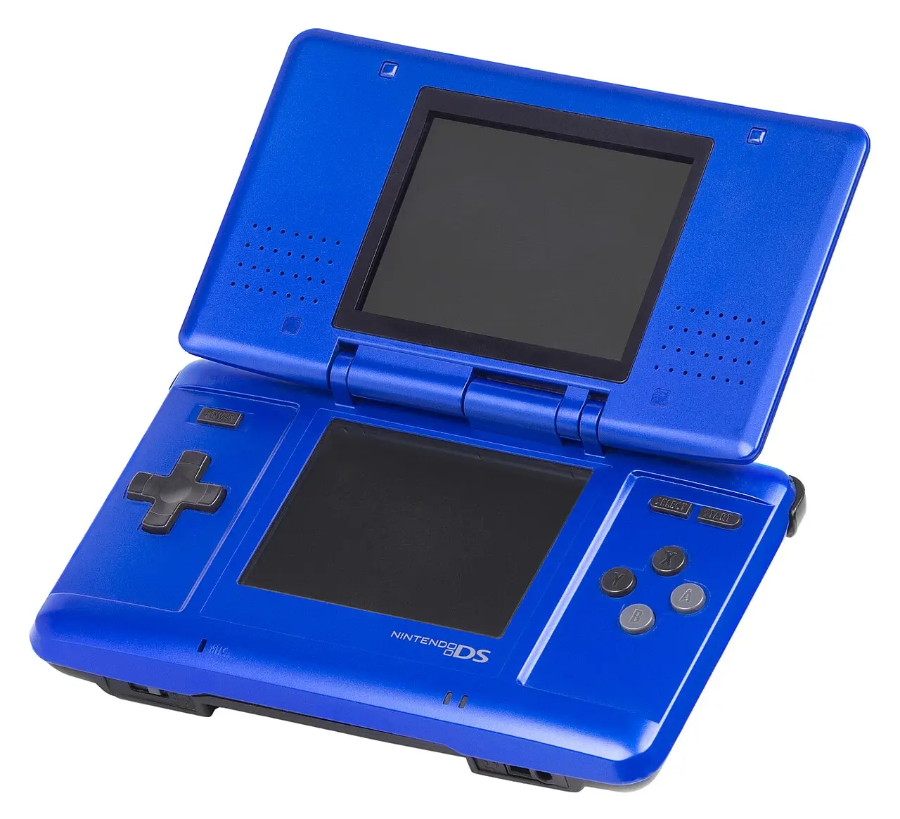An original Nintendo DS in blue, opened to show its two screens, D-pad and ABXY buttons