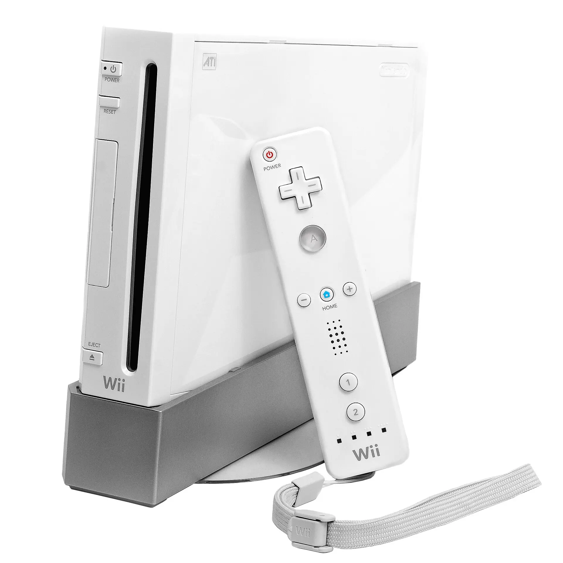 A Wii console standing upright on its stand, with a Wii Remote