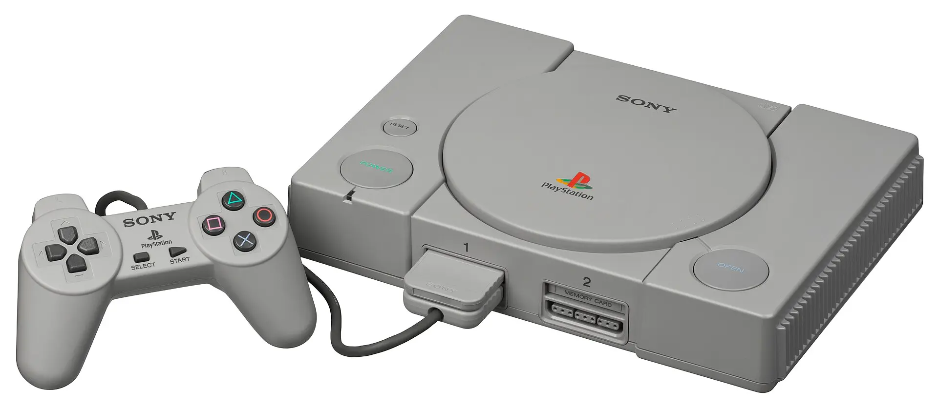 初代 PlayStation（日本版 SCPH-1000）本体と付属コントローラー、メモリーカード
