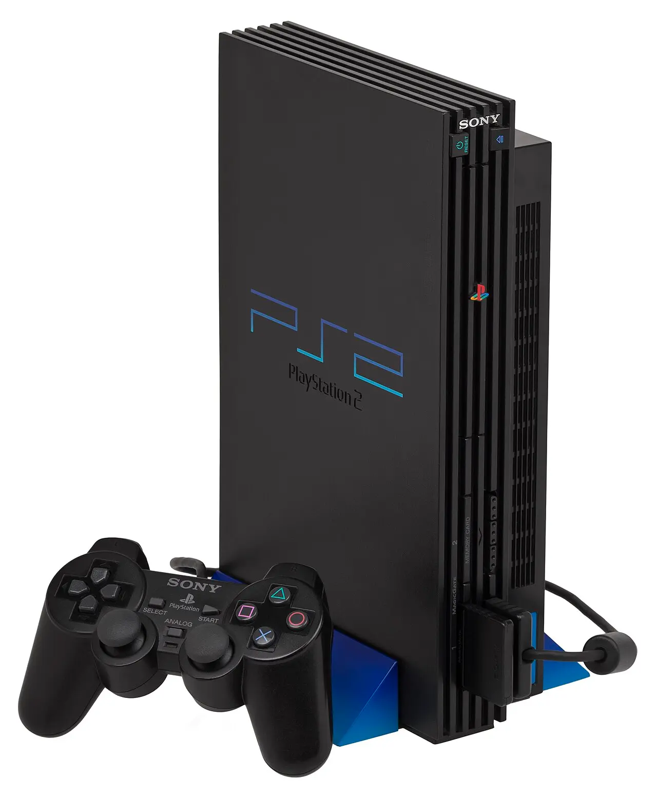 An original PlayStation 2 standing upright on its vertical stand, with a DUALSHOCK 2 controller