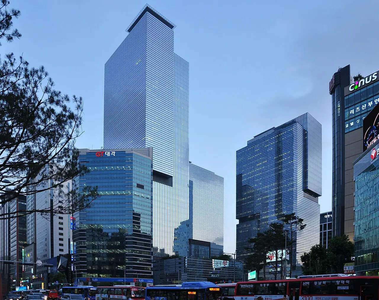 Samsung's headquarters towers in Seoul at dusk