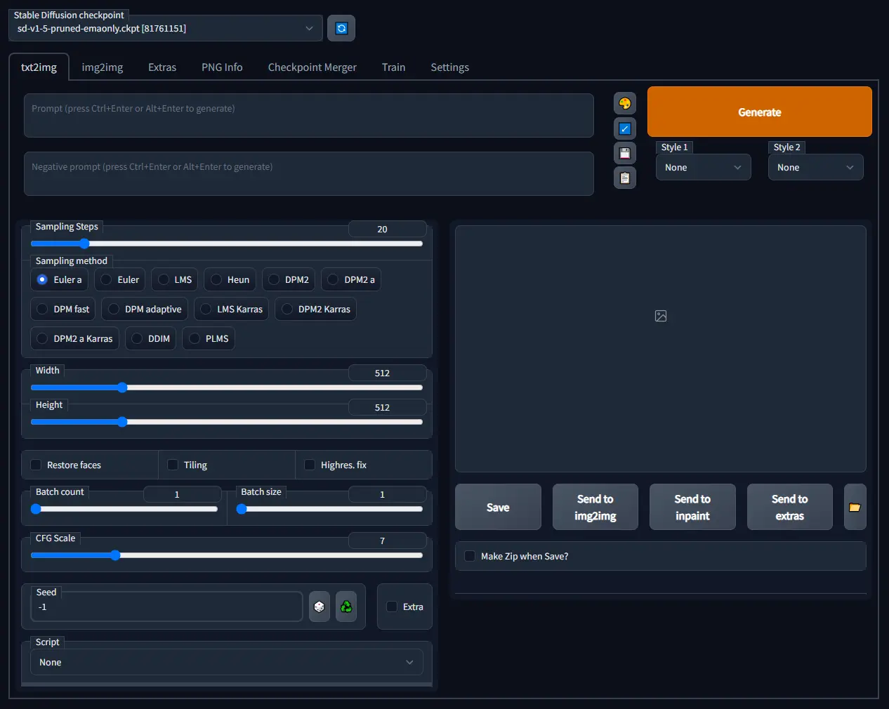 The open-source Stable Diffusion web UI (AUTOMATIC1111) with the sd-v1-5 checkpoint selected, showing the prompt boxes and generation settings