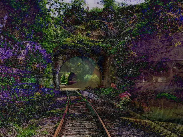 Creativity Machine が生成したとされる画像「A Recent Entrance to Paradise」。草木に覆われたトンネルへ線路が続く