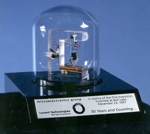 Replica of the 1947 point-contact transistor invented at Bell Labs