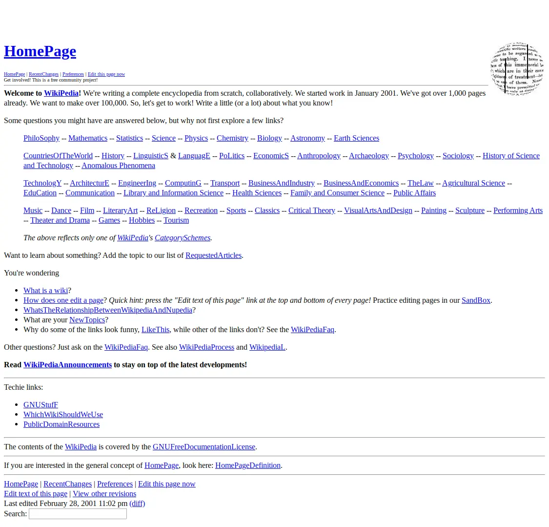 2001年3月3日時点の wikipedia.com トップページのスクリーンショット（Wayback Machine による採取）