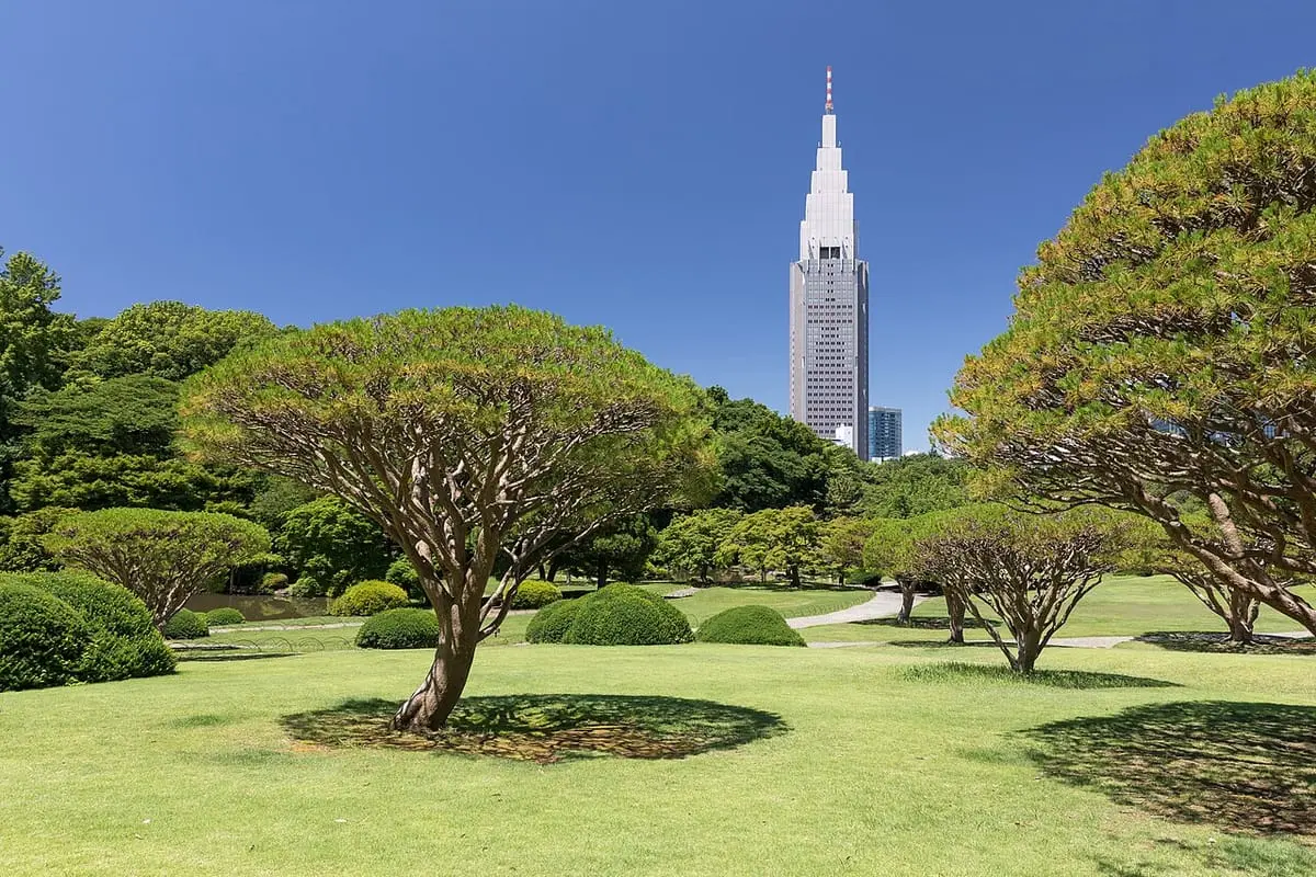 The NTT Docomo Yoyogi Building seen from Shinjuku Gyoen National Garden, Tokyo, photographed in 2019