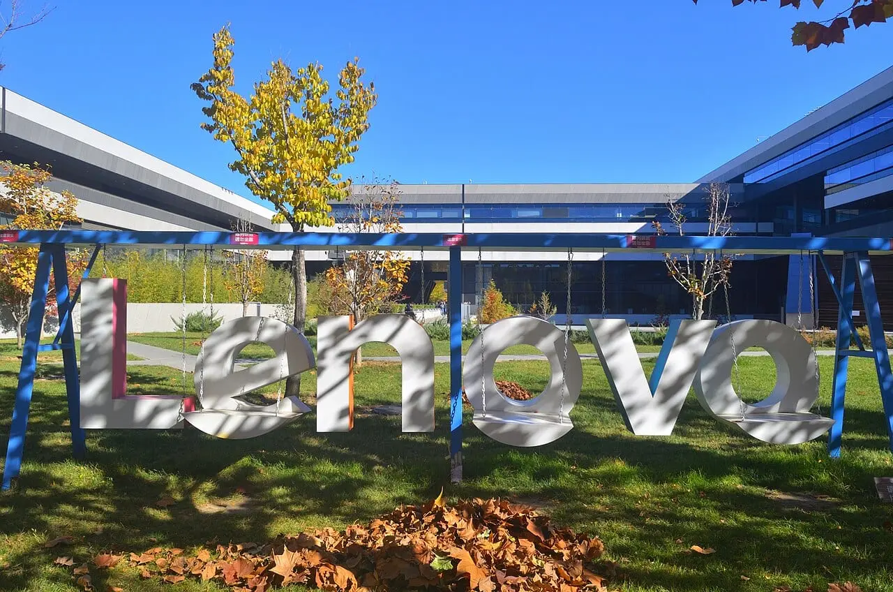 Swings shaped as the letters of "Lenovo" in the courtyard of Lenovo's headquarters in Beijing, photographed in 2022
