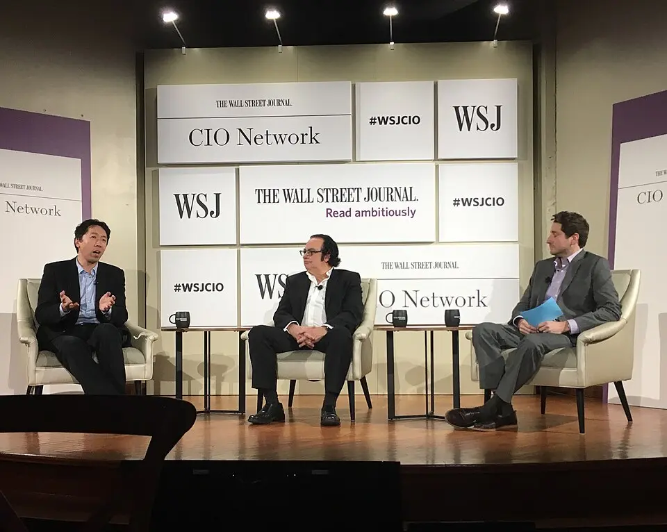 Andrew Ng speaking at a WSJ CIO dinner on AI, 2017