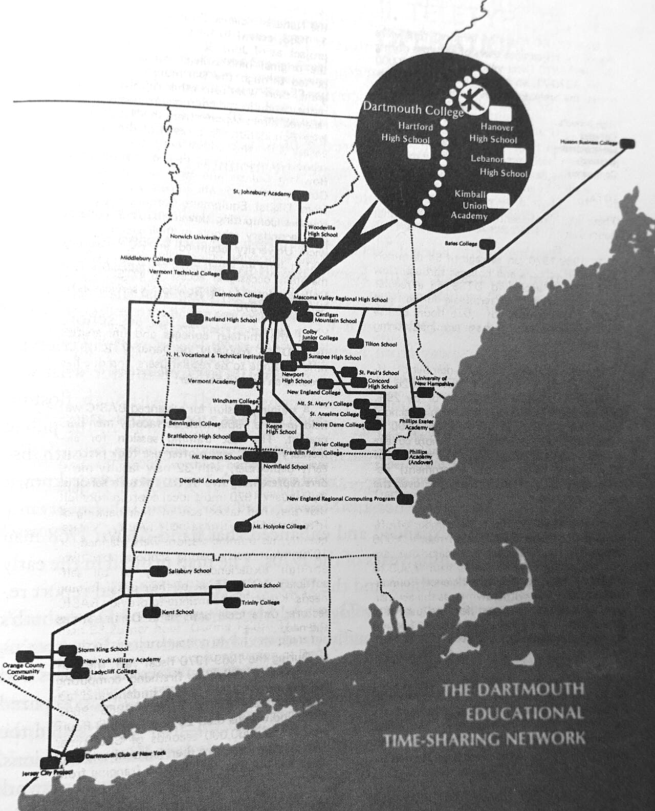 Map of the Dartmouth Educational Time-Sharing Network (Kiewit Network), from a Dartmouth College brochure, early 1971