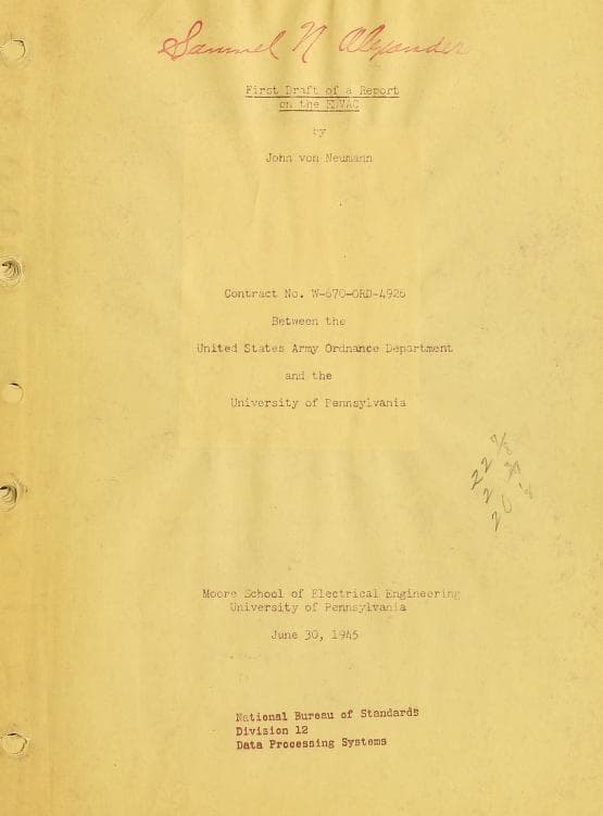 Title page of First Draft of a Report on the EDVAC, showing Contract No. W-670-ORD-4926, June 30, 1945, Moore School