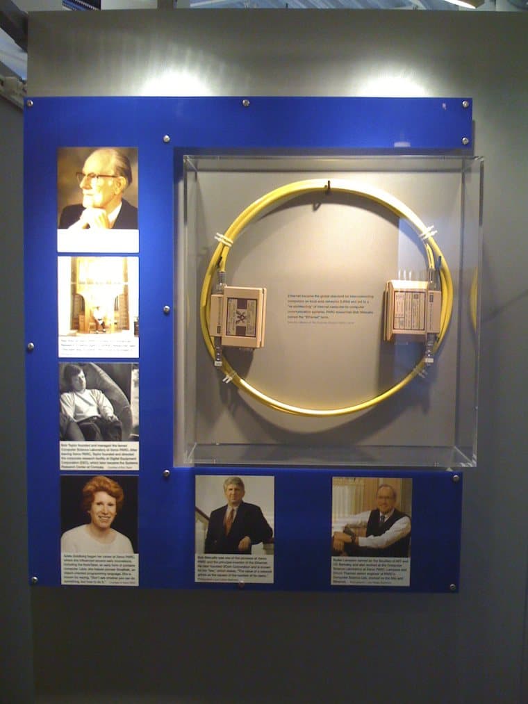 An early Xerox PARC Ethernet coaxial cable and transceiver on display at the Computer History Museum