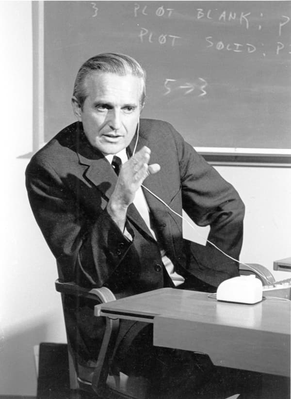 Douglas Engelbart of SRI rehearsing for the December 1968 demonstration at his custom console