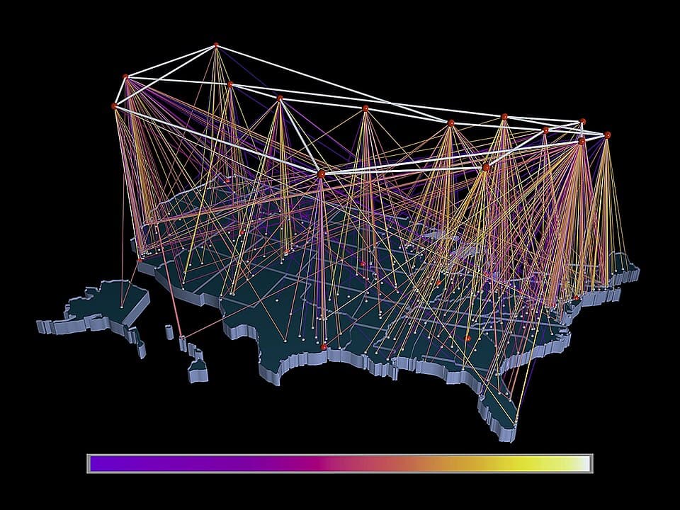 Visualisation of inbound traffic on the NSFNET T1 backbone and regional networks for September 1991, drawn as coloured columns rising over a map of the United States